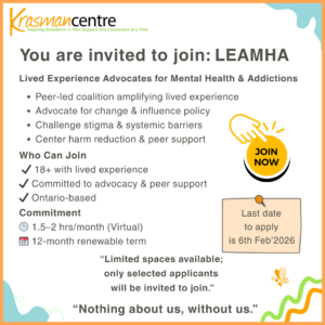 "Krasman Centre document titled 'Terms of Reference: LEAMHA' with details about mental health advocacy. Includes contact email and diverse raised fists graphic."
