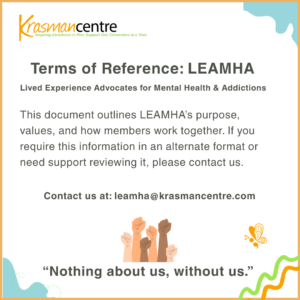 "Krasman Centre document titled 'Terms of Reference: LEAMHA' with details about mental health advocacy. Includes contact email and diverse raised fists graphic."