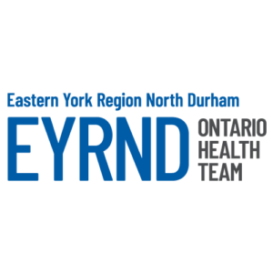 Logo with blue text reading "Eastern York Region North Durham EYRND" and gray text reading "Ontario Health Team" on a light background.