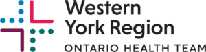 Logo for Western York Region Ontario Health Team. Features a stylized plus sign with pink, blue, and green dots on a black background.